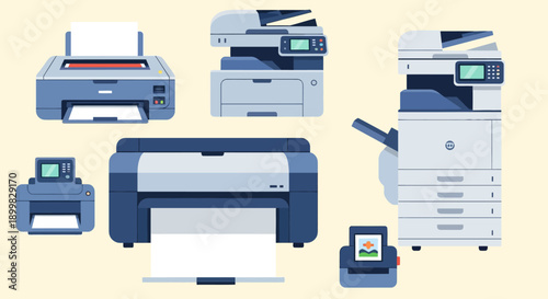 Collection of various office printers and multifunction devices.