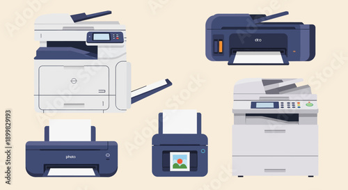 Various office printer designs and configurations.