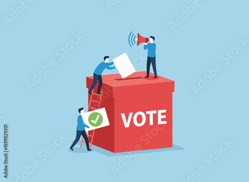 Vector illustration concept of people voting and campaigning during an election, putting ballots into a large red ballot box.