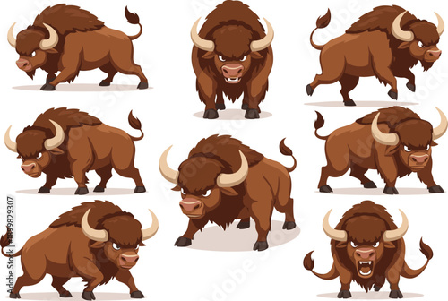 Powerful brown bison buffalo character vector set featuring angry charging and standing poses for mascot and wildlife design.