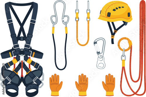 Large vector collection featuring diverse professional avatars public speakers at podiums and industrial safety climbing gear and tools.