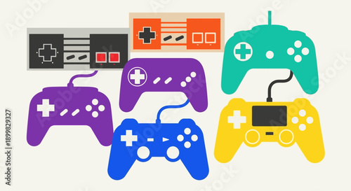 Colorful game controllers and cartridges in a playful arrangement.