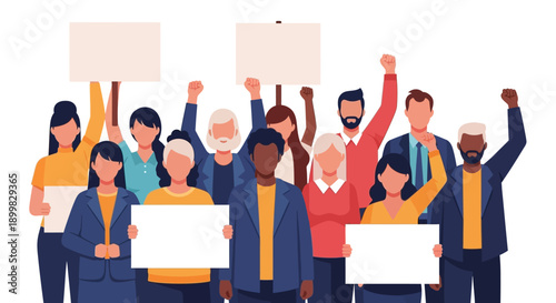 Diverse group of people protesting with signs and raised fists.