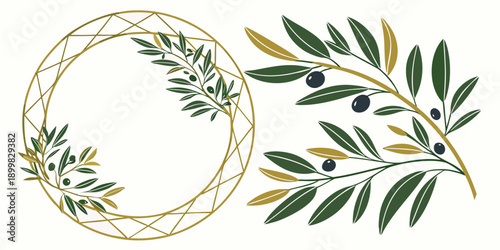 Elegant Gold Olive Branch Wreath Design with Green Leaves and Berries
