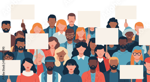 Diverse group of people holding blank signs together.