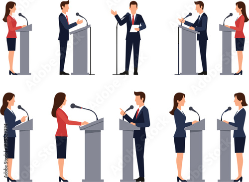 Diverse set of professional character avatars and public speakers giving presentations at a podium in flat vector style
