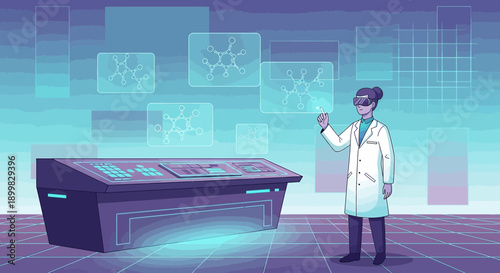 Futuristic science laboratory with scientist using virtual reality to manipulate molecules
