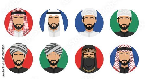 Diverse Arab Men Wearing Traditional Clothing and Headscarves.