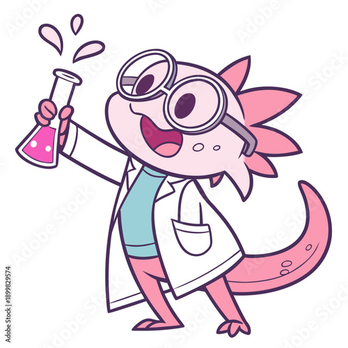 A cartoon axolotl wearing glasses and a lab coat holds a beaker