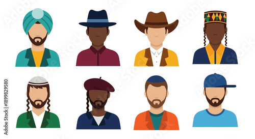 Diverse group of men wearing different hats and headwear.