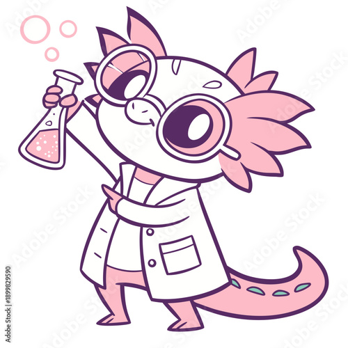 A cartoon axolotl wearing glasses and a lab coat holds a beaker