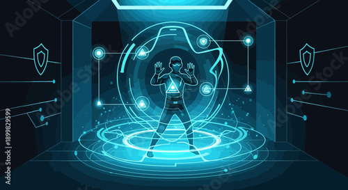 Futuristic security technology with holographic man inside digital cybersecurity room