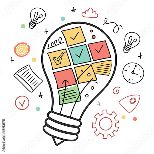 A colorful vector graphic of a lightbulb with checklist ideas and brainstorming symbols