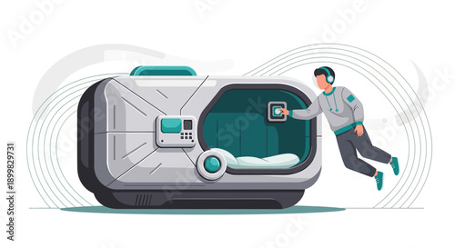 Futuristic sleep pod concept with floating man accessing controls showcasing rest technology