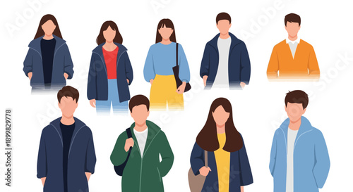 Diverse group of young adults wearing casual jackets and coats.
