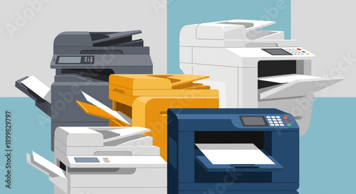 Multifunctional office printers with various paper trays and colors.