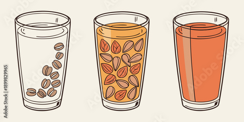Coffee Brewing Process Steps Illustration with Water, Beans, and Coffee Drink