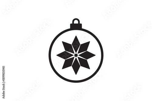 Christmas bauble icon with geometric snowflake star pattern isolated on white background black silhouette of festive holiday tree ornament design