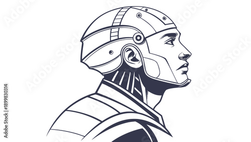 A futuristic robot head in a sleek black and white vector illustration