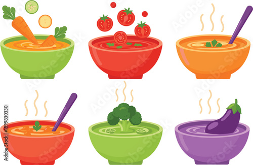 Healthy vegetable soup bowls set featuring hot carrot tomato broccoli and eggplant cream soup for organic food menu design.