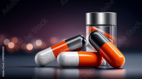 Wallpaper Mural Orange and gray capsules sit beside a jar on a dark surface with distant lights behind Torontodigital.ca