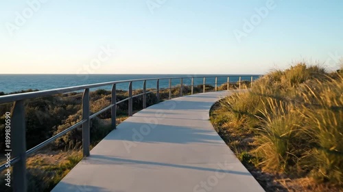 Tranquil coastal pathway winding alongside the serene ocean, bathed in the soft glow of golden hour light over grassy dunes