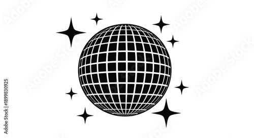 A sparkling disco ball with starbursts a bold black silhouette