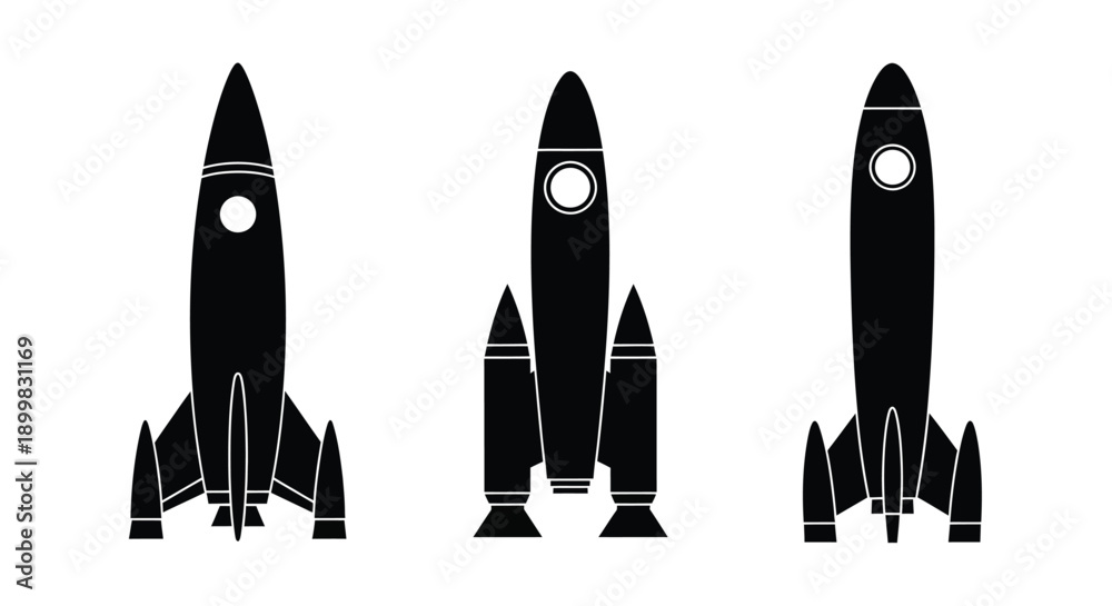 Fototapeta premium Three black rocket ship silhouettes against a white background silhouette
