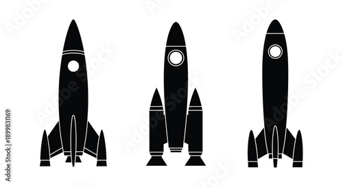 Three black rocket ship silhouettes against a white background silhouette