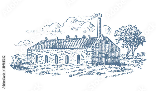 Vintage illustration of a stone industrial building with a tall chimney emitting smoke.