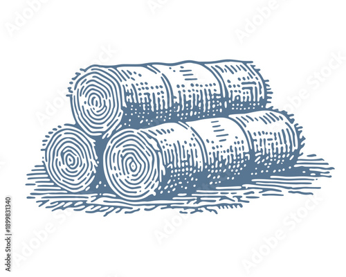 Vintage illustration of stacked round hay bales on a field, perfect for agricultural themes.