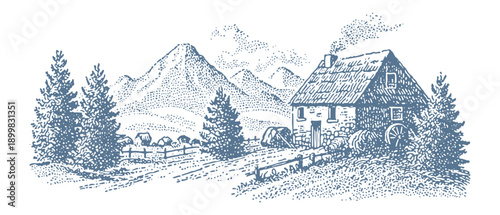 Vintage illustration of a rustic stone cottage with a water wheel and distant mountains.