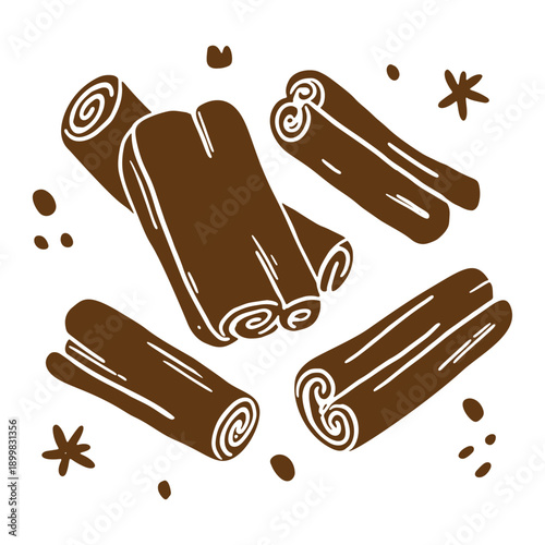 Cute cartoon cinnamon sticks and stars isolated on white background.