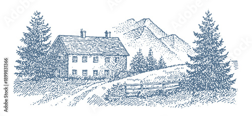 Vintage illustration of a stone house nestled in a mountain landscape with pine trees.