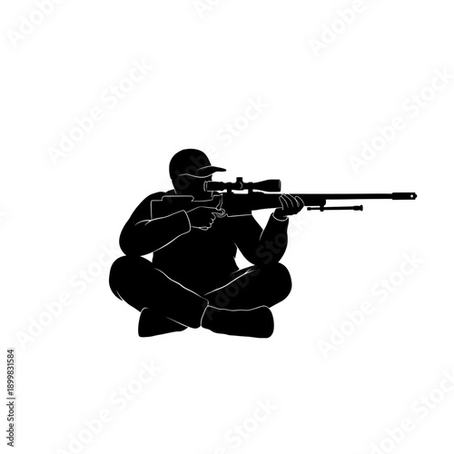 Silhouette of a seated marksman aiming a rifle with a scope.