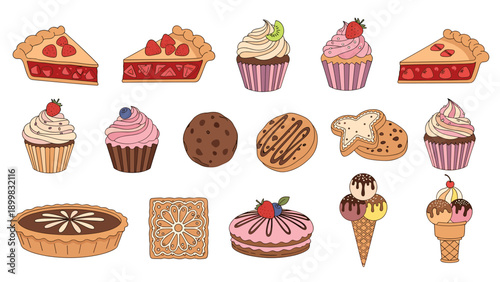 A colorful vector illustration of various sweet desserts including cakes, cupcakes, cookies, and ice cream cones arranged in rows on a white background