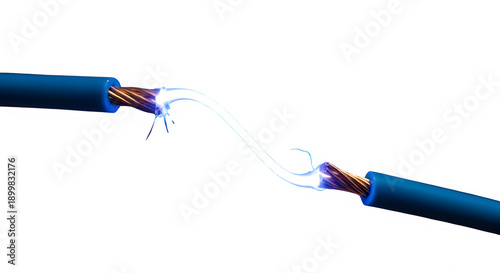 Electric spark jumping between two cut blue cables - High quality transparent PNG with isolated electric effect on clear background for professional design projects