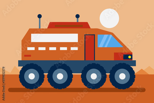 Orange rover vehicle on alien planet with large moon