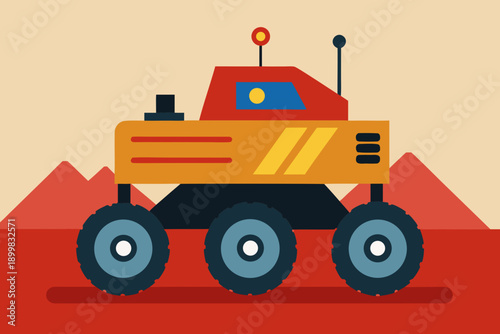 Orange Mars rover with three wheels on red planet surface
