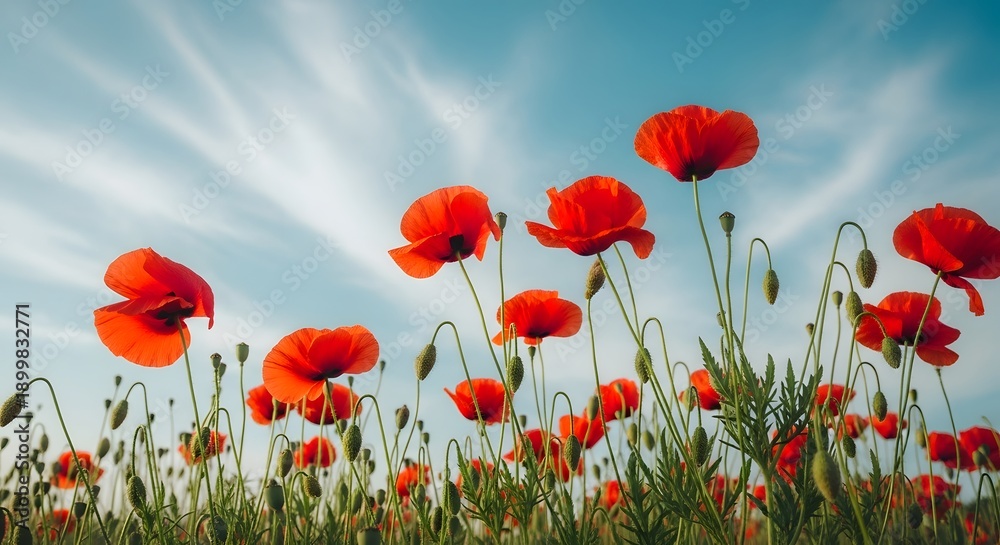 Obraz premium Vibrant red poppies in a sunny field with blue sky