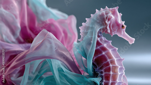 Surreal seahorse fantasy animal translucent fabric neon color underwater art dreamy vision marine creature pastel wave flowing cloth detailed texture Surreal seahorse with translucent neon fabric