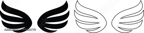 Angel wings icon set in flat and line style, bird wing symbol collection and group, black monochrome vector illustration isolated on transparent background for logo design
