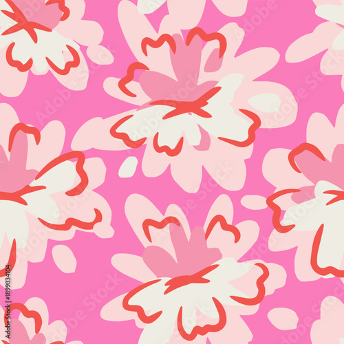 Seamless vector pattern with abstract pink and white flowers outlined in coral red on a vivid pink background. Bold modern floral design for fabric, packaging, and decor