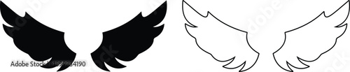 Angel wings icon set in flat and line style, bird wing symbol collection and group, black monochrome vector illustration isolated on transparent background for logo design