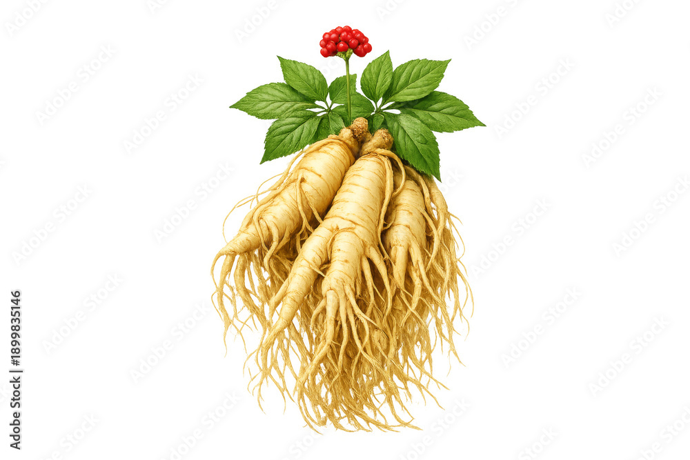 Fototapeta premium Ginseng roots with leaves and red berries on transparent background