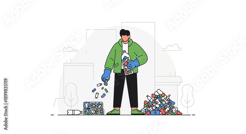 Dedicated volunteer actively collects and sorts plastic bottles for city recycling program