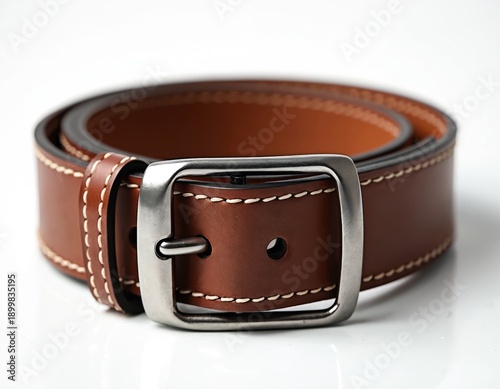 Brown leather belt with metal buckle shown on white background. Classic accessory for men with stitching detail. Simple, elegant and useful item.
