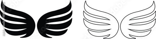 Angel wings icon set in flat and line style, bird wing symbol collection and group, black monochrome vector illustration isolated on transparent background for logo design
