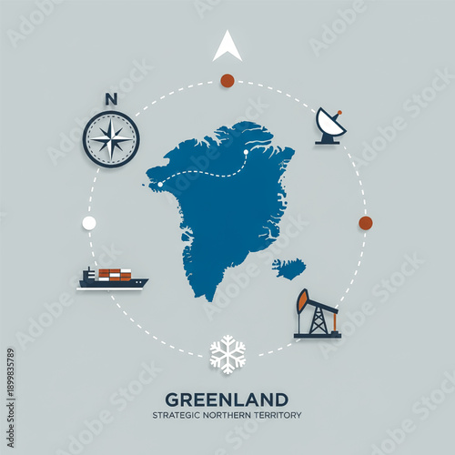 A minimalist infographic illustrating Greenland's strategic importance with icons for shipping routes, oil resources, and arctic location.. Vector illustration