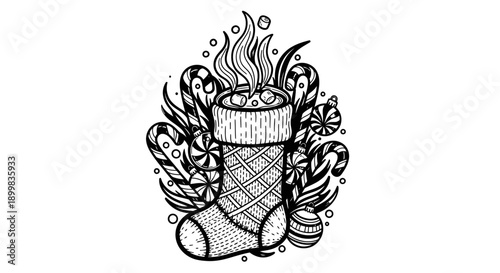 Christmas stocking filled with hot chocolate and candy canes.